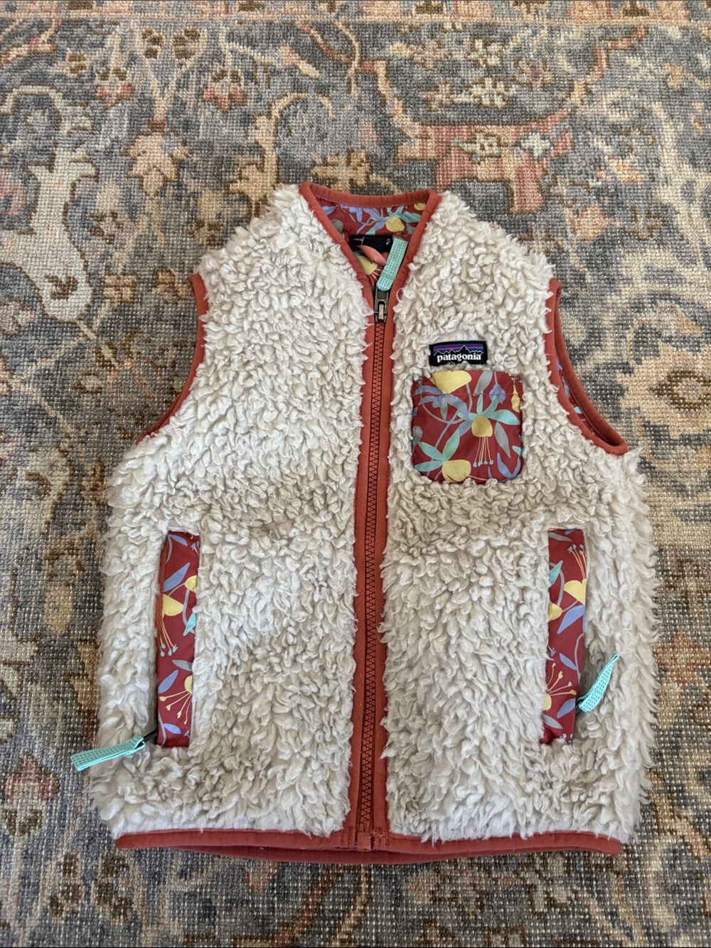 Patagonia Kids Cream Sherpa Vest with Rust Trim and Floral Accents